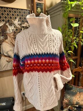 Rag & Bone Women’s Cream Cable Knit Turtleneck Sweater with Multicolor